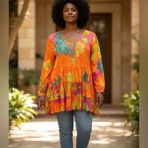 Vibrant Orange Floral Women's Tunic Style Bohemian Colorful Top Ties in Front